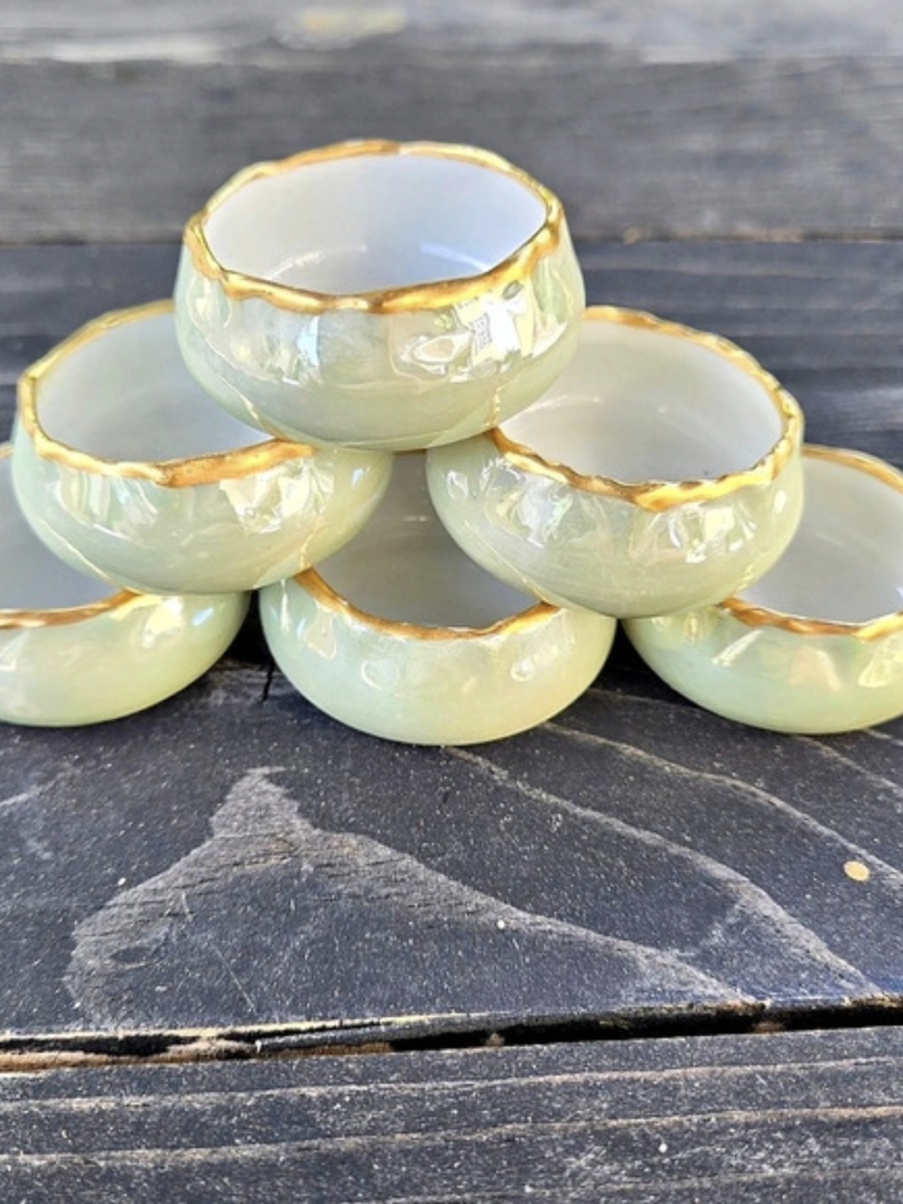 Sherrah's Set of 6 Green Gold-Trimmed Salt Cellars